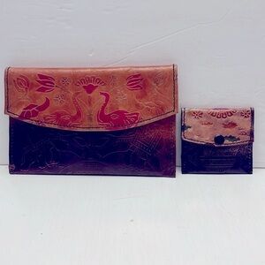 Embossed Leather Elephant Clutch Purse with Matching Change Purse